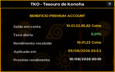 Painel do TKO, Tesouro de Konoha, com informações do rendimento Premium