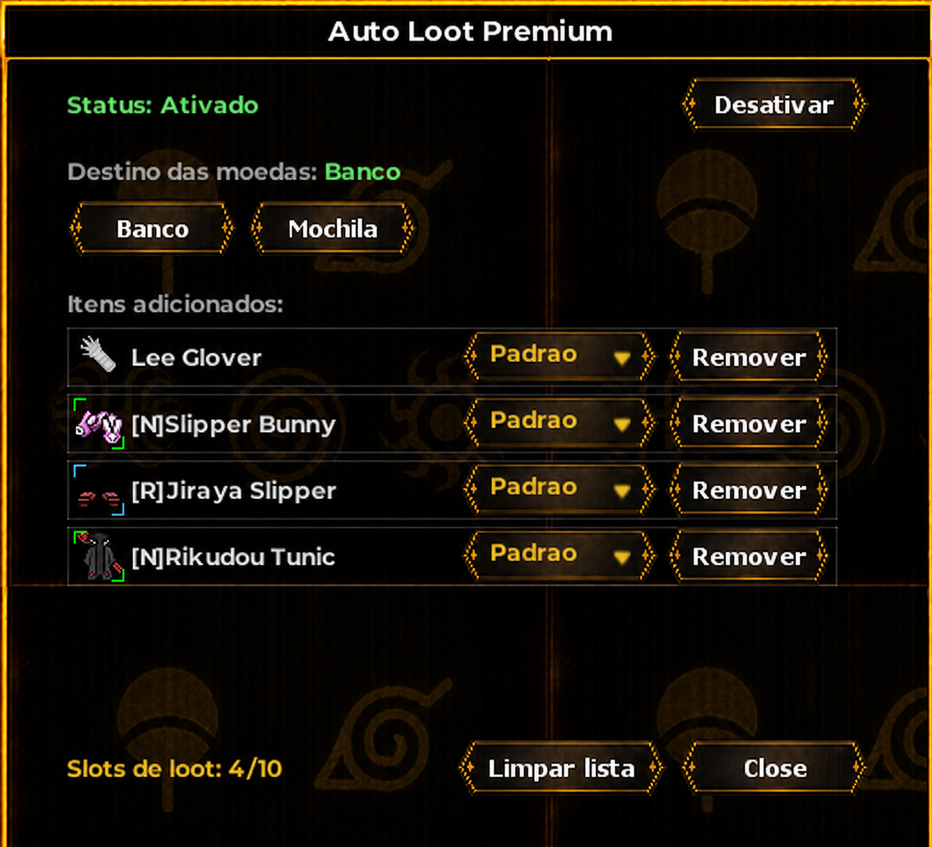 Painel do Auto Loot Premium com destinos por item