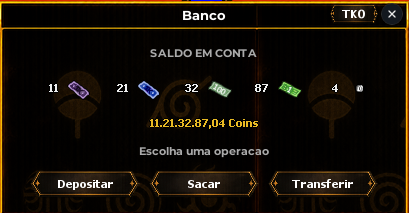 Painel do banco com saldo, moedas, depósito, saque e transferência
